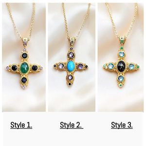 Collar con Colgante de Cruz Turquesa Azul Antiguo, Latón Sólido Chapado en Oro de 18k, Joyería Religiosa, Regalo de Bautismo Cristiano de Moda - Product Image 6