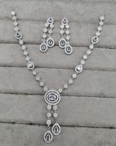 Exquisite AD Oval Stone Necklace <b>Set</b> <b>Silver</b> & Rhodium Plated Y Shape Necklace With Matching Earrings For Womens AD <b>Jewellery</b> <b>Set</b> - Product Image 3