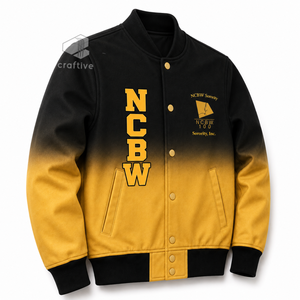 เสื้อแจ็คเก็ตวาร์ซิตี้ผ้าซาตินไล่เฉดสีสำหรับผู้หญิง NCBW Sorority ปักลายตัวอักษรกรีก กระดุมแป๊ก คอเสื้อและปลายแขนเสื้อถักแบบริบบิ้น เสื้อแจ็คเก็ตเลตเตอร์แมน - Product Image 2