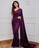Sari en georgette de luxe festif, orné de broderies de sequins lourds et d'une bordure ajourée, avec un chemisier en soie, pour femmes, vêtements ethniques.
