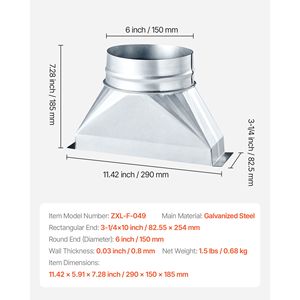 Guarnizione per Condotto Zincata 3-1/4 X 10 X 6 Pollici per Sistemi HVAC, Strumento di Transizione per Ventilazione Centrale e Griglia a Pavimento - Product Image 4