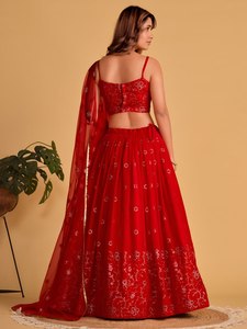 <b>Red</b> <b>Sequin</b> Georgette Lehenga Choli Semi Stitched Indian Outfit Embroidered Two Piece Reception Wear - Product Image 5