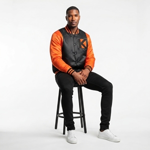 KVJ118 Bomber Varsity da <span class=keywords><strong>uomo</strong></span> in raso per inverno nero arancione <span class=keywords><strong>senza</strong></span> colletto con ricamo serigrafia - Product Image 1