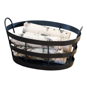 Panier à bois de chauffage en métal noir de 23 pouces avec poignées, support moderne pour bûches d'intérieur, pour cheminée et rangement du bois - Product Image 1