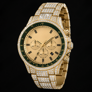 Reloj de Lujo con Esfera Redonda Estilo Cronógrafo, Tono Dorado, Esfera Verde, Cristales, Números Romanos y Ventana de Fecha - Product Image 1