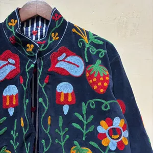 Chaqueta de Terciopelo Azul Oscuro con Bordado a Mano Estilo Vintage para Mujer, Cuello Mandarín, Mangas Largas, Abertura Frontal, Abrigo Casual de Invierno - Product Image 4