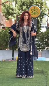 Blue Embroidered Salwar Kameez Set Women Palazzo Tunic <b>Shawl</b> Kit Winter Party <b>Wedding</b> Wear - Product Image 1