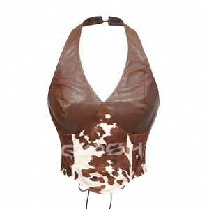 Top corsé halter de cuero marrón con pelo de vaca, cuello en V, bustier corto con cordones en la espalda, estilo clubwear. - Product Image 1