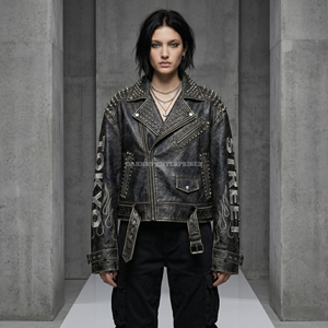 Custom Women Embroidery Skull Wing Leather <b>Jacket</b> Stud Distress Black <b>Punk</b> Biker Coat Wholesale Manufacturer Supply - Product Image 2