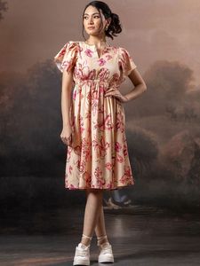 Vestido Midi de Manga Corta para Mujer, Estilo Túnica, Casual, Elegante, Transpirable, Sostenible, con Estampado Digital Tejido, Corte Imperio, para Primavera - Product Image 6