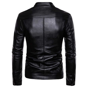 Chaqueta de Cuero PU para Hombre, Corte Ajustado, Cuello Alto, Cierre de Cremallera, Estilo Motero, Otoño 2026, Largo Regular, Color Negro Sólido - Product Image 3