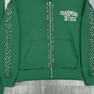 Custom Distressed Zip up Sweatsuit Rhinestone Baggy Sweatpants and Hoodie Sets Streetwear Washed <b>Tracksuit</b> Men - Product Image 4
