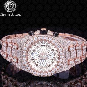 Charm_Jewels Luxury Tonneau Mechanical <b>Watch</b> Rose Gold <b>Diamond</b> Encrusted Analog Chronograph Stainless Steel Band 42mm - Product Image 5