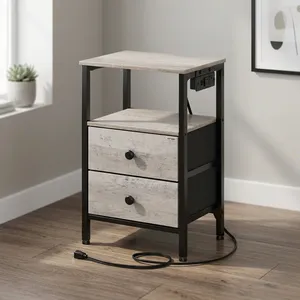 Mesa Auxiliar Industrial de Madera con Estructura Metálica, 2 Cajones, Estante de Almacenamiento, Toma de Corriente, Mueble para Sala de Estar - Product Image 5