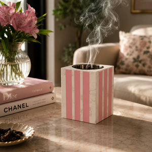 Brûleur d'encens de luxe en os incrusté, design rayé, en résine rose, brûleur de Bakhoor islamique avec coupelle en laiton pour Ramadan, Aïd, décoration arabe, cadeau - Product Image 1