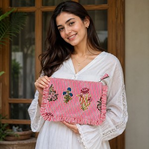 Striped Frill Pouch With Floral Embroidery And Zipper Closure Red White Patterned Design Medium Size - Product Image 1