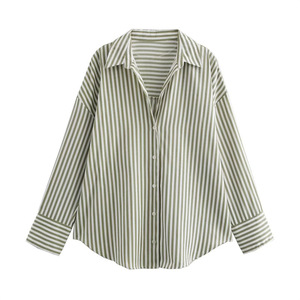 Camisa informal elegante para mujer, de mezcla de algodón a rayas, con botones, manga larga y corte holgado - Product Image 1