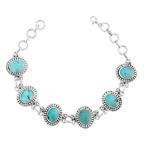 Bracelet à maillons en pierre turquoise en argent sterling 925 antique, style bohème, bijoux unisexes, cadeau - Product Image 1
