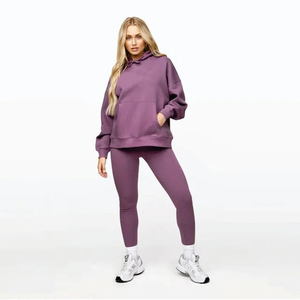 Ensemble de jogging pour femme à capuche, couleur unie, haut court à manches longues, pantalon long décontracté, 2 pièces, tricoté pour l'hiver, 100 % coton molletonné, séchage rapide - Product Image 1