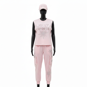 Conjunto de Dos Piezas para Mujer, Camiseta sin Mangas, Tela de Mezcla de Algodón de Alta Densidad, Color Rosa Pastel, Pedrería Hotfix, Logotipo Personalizado - Product Image 1