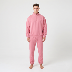 Ensemble de survêtement sportif décontracté en coton tricoté surdimensionné pour homme avec sweat à capuche demi-zip personnalisé - Product Image 5