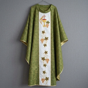 Chasuble gothique en damassé vert de qualité supérieure, brodée de vigne et de blé, pour le service religieux, vêtement liturgique catholique pour prêtre, robe de clergé pour la messe - Product Image 1
