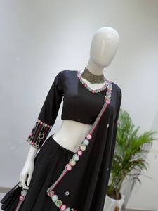 Black Traditional Indian Pakistani Women's Lehenga Set Floor-Length Cotton Wedding Wear Loose Fit All Seasons - Product Image 4