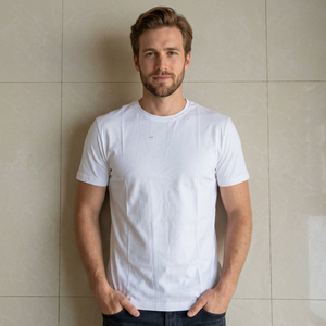<b>Men's</b> <b>White</b> 100% Cotton Crew Neck Short Sleeve Solid T-<b>Shirt</b> Regular Fit Breathable Jersey Summer Tee 160 GSM Eco-Friendly - Product Image 4