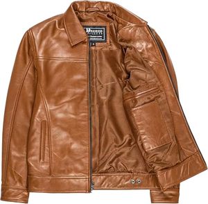 Chaqueta de Motociclista Debid para Hombre, de Cuero Genuino Marrón, con Cuello Camisero, Cierre de Cremallera, Estilo Sólido para Otoño, Largo Regular - Product Image 1