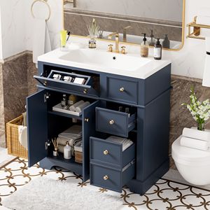 Mobile bagno freestanding da 36 pollici con 3 cassetti, telaio in legno massello e lavabo in resina - Combinazione mobiletto contenitore per bagno - Product Image 1