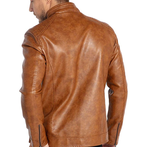 Blouson moto homme en cuir PU marron, col montant, fermeture éclair, coupe ajustée, manches classiques, couleur unie, pour l'automne - Product Image 3