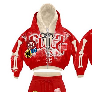 Conjunto de Sudadera con Capucha Roja para Hombre, Estampado Digital, Estilo Urbano, Conjunto de Dos Piezas con Pantalones Forrados de Felpa con Patrón de Huesos - Product Image 3
