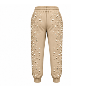 Pantalones Jogger Personalizados con Cuentas de Perlas Beige para Mujer, Pantalones Deportivos con Cordón Ajustable, Ropa Casual de Lujo, Pantalones de Forro Polar - Product Image 2