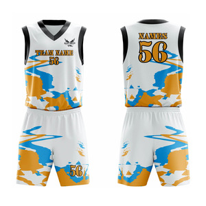 Conjunto de Uniforme de Baloncesto Sublimado Personalizado, Cuello en V, Sin Mangas, Absorbente de Humedad, Jersey y Pantalones Cortos Unisex para Equipo, Blanco, Azul y Dorado - Product Image 1