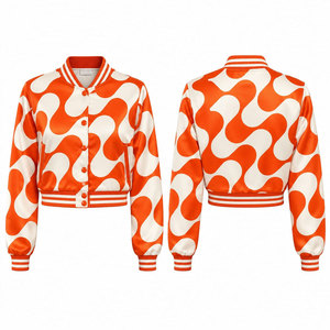 Chaqueta Varsity con Estampado Geométrico Rojo para Mujer, Chaqueta Corta Estilo Bomber, Manga Larga, Cuello Camisero, Poliéster, Estilo Otoñal - Product Image 1