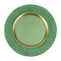 Assiette ronde en verre vert avec bord doré et texture crocodile pour décorations de mariage en intérieur