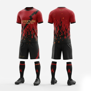 Conjunto de Camiseta y Pantalones Cortos de Fútbol Crestline Industry para Hombre, Sublimados, Transpirables, Uniforme Deportivo, Estampado Rojo, Negro y Fuego - Product Image 1