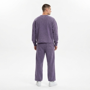 Men Purple Washed Crewneck Sweatshirt <b>Jogger</b> Pants <b>Set</b> <b>Matching</b> Two Piece Casual Streetwear Tracksuit - Product Image 2