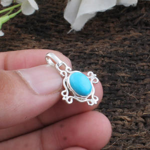 Colgante de Turquesa Natural, Plata de Ley 925, Chapado en Platino, Piedra Azul Delicada, Unisex, Joyería Vintage Genuina al por Mayor - Product Image 1