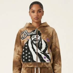 Custom Men's Tie Dye Brown Zip Up Hoodie Slogan Print Purple Star Graphic Oversized Streetwear Fleece <b>Jacket</b> Wholesale Supplier - Product Image 5
