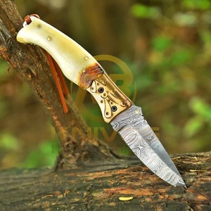 Professional Handmade Damascus Folding Pocket <b>Knife</b> <b>Bone</b> <b>Handle</b> Outdoor Camping Hunting EDC <b>Knife</b> OEM Manufacturer - Product Image 2