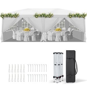 Tenda a Baldacchino Istantanea 3x6m con Telaio in Acciaio Bianco, 6 Pannelli Laterali, 2 Porte, 4 Finestre in Rete, Rivestimento 28/22mm e 10x20mm - Product Image 2