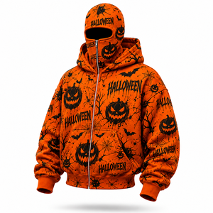 Custom Halloween All Over Print Full Zip Mask Hoodie Orange Oversized Streetwear Hoodie Heavyweight Fleece Zip Up Jacket for Men - Product Image 1
