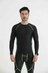 SIRIUS SPORTS Men's <b>Black</b> Compression <b>Long</b> <b>Sleeve</b> Crew Neck <b>Top</b> Green Contrast Stitch Breathable Seamless Quick Dry Spandex - Product Image 1