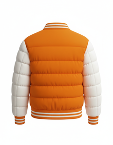 Blouson matelassé varsity orange et blanc pour homme, manteau bomber d'hiver matelassé, boutons-pression, streetwear, logo personnalisé, usine OEM ODM - Product Image 3