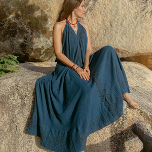 Vestido Largo Bohemio de Algodón para Mujer, Estilo Halter, Sin Mangas, Corte Holgado, Bordado Tribal, para Playa, Resort, Vacaciones, Verano, Noche - Product Image 3