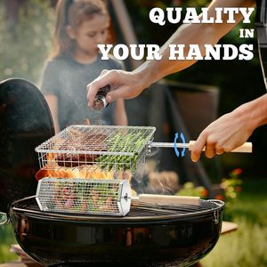 Set di Utensili per Barbecue in Acciaio Inox 304 con Manico in Legno Rimovibile, Cestello per Griglia e Affumicatore, Accessori per Grigliare Verdure - Product Image 4