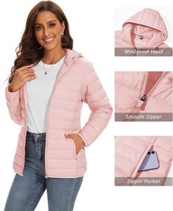 Pink Quilted Hooded <b>Jacket</b> <b>Women</b> Full Sleeve Zipper Closure Solid Color Autumn <b>Lightweight</b> Puffer Coat - Product Image 5