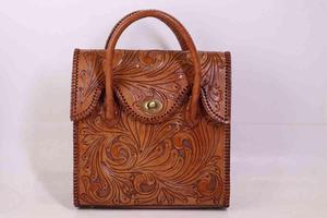 Sac à main vintage en cuir véritable pour femme, sac messager à poignée supérieure marron, sac fourre-tout rétro floral gaufré sculpté à la main - Product Image 2