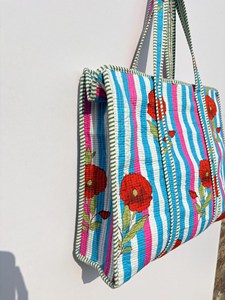 Designer <b>White</b> Blue Cotton Tote <b>Bag</b> With Red Floral <b>Hand</b> print Bohemian Style Casual Zipper Shopping Travel Handbag for Women - Product Image 2